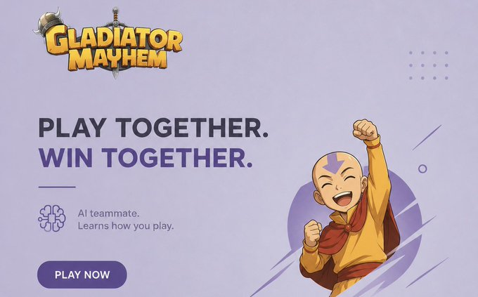 The image features an advertisement for a video game called "Gladiator Mayhem" with a cartoon character, specifically a boy wearing a yellow shirt, depicted as the main player. The background of the image is purple, which complements the cartoon character's outfit. The text on the image reads "Play together. Win together." and "I can't decide if AI teammates in games sound insanely cool or like the beginning of something dangerous And infact Gladiator Mayhem might be one of the wildest examples I’ve seen so far it’s basically a fast-paced 2v2 PvP brawler from @LFG_GTFO powered by @Immutable but". The image is accompanied by a button that says "Play now" and "Learn how to play."
