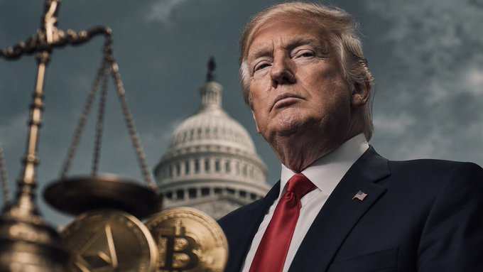 A digitally edited image shows Donald Trump in a suit and red tie, with the U.S. Capitol building in the background and scales of justice and a Bitcoin coin in the foreground.