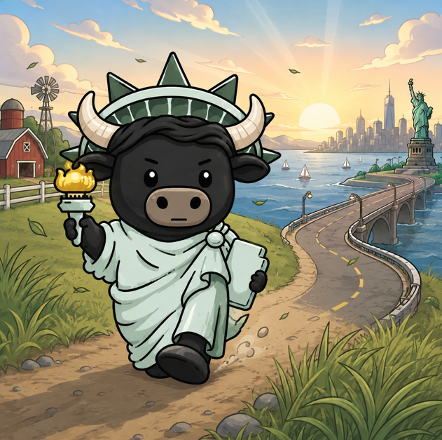 A cartoon illustration of a black bull character dressed as the Statue of Liberty, wearing a white toga and spiked crown while holding a torch, set against a backdrop featuring a farm, a bridge, and the NYC skyline.