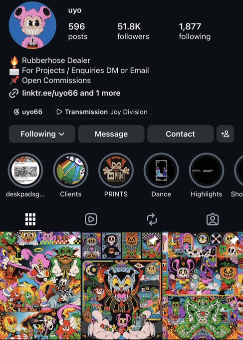 An Instagram profile page for 'uyo' (@uyo66) identifies them as a 'Rubberhose Dealer' with 51.8K followers, displaying a grid of vibrant, cartoonish digital art pieces.