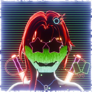 A digital art piece featuring a figure with long red hair, star-shaped sunglasses, and a glowing smile, set against a neon-lit background with glitch effects.