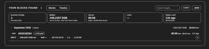 A screenshot of a blockchain block explorer dashboard titled 'YOUR BLOCKS FOUND 1' for address 'Months Timeline', showing details including BLOCKS FOUND 1, MINED 248.2357 DGB, VALUE $0.94, and SINCE LAST 11h ago, with transaction details for #24219254.