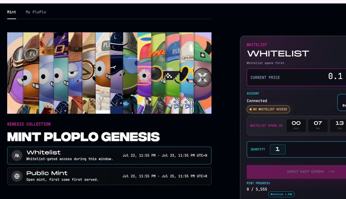 A NFT minting page for 'MINT PLOPLO GENESIS' showing a collection of colorful cartoon character NFT images with details about whitelist and public mint schedules (Jul 22-25 UTC+8) and a current price of 0.1, with the mint not yet open.