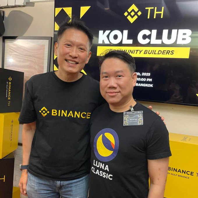 Two men pose together at a Binance TH KOL Club "Community Builders" event in Bangkok, with one wearing a Binance t-shirt and the other sporting a "Luna Classic" ($LUNC) shirt. The image captures a moment of crypto community support, fitting the post's bullish stance on holding $LUNC with a $0.077 price target.