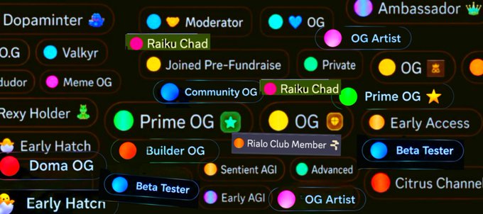 A collage of colorful user badges or roles on a dark background, with visible text including 'Dopaminter', 'Moderator', 'OG', 'Raiku Chad', 'Joined Pre-Fundraise', 'Community OG', 'Prime OG', 'Builder OG', 'Rialo Club Member', 'Sentient AGI', 'Advanced', 'Citrus Channel', and 'Early Hatch'.