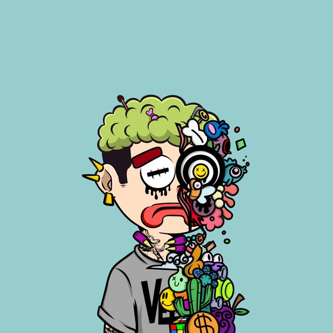 The image features a cartoon character with a face painted on their forehead, wearing a gray shirt that has "V" written across the chest. The character's face is covered in various colorful drawings and designs, giving them a unique and artistic appearance. The background of the image is blue, which contrasts nicely with the vibrant colors of the character's face. In the bottom right corner of the image, there are two posts related to the "WOW Hyoed project Total 60 GTD spots giveaway" and "Follow: @coinmemes & @velin_nn & @KawaiiOdysseyyy Must on notification 2. Like + RT this post & #2. Drop your EVM wallet Ends in 24 hours Join discord server". The posts are related to a contest where participants need to share their artwork or creations for the giveaway, and they encourage users to participate by sharing their entries with the hashtag #2.