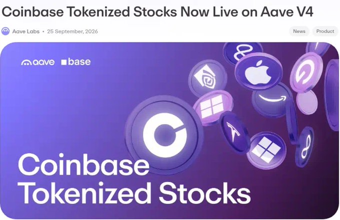 The image is an Aave Labs announcement from September 25, 2026, headlined "Coinbase Tokenized Stocks Now Live on Aave V4," featuring the Aave and Base logos above purple branded tokens displaying major company logos (Apple, Amazon, Google, Meta, Microsoft, Nvidia, Tesla), corresponding to the seven tokenized equities (AAPLC, AMZNC, GOOGLC, METAC, MSFTC, NVDAC, TSLAC) made usable as collateral on Aave V4's new equities hub on Base.