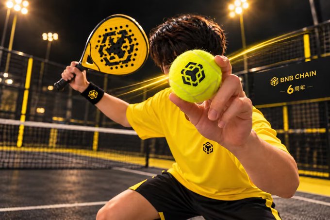 A BNB Chain promotional image showing a man in a yellow shirt holding a yellow padel racket and a tennis ball, both featuring the BNB Chain logo, with a 'BNB CHAIN 6 周年' (6th Anniversary) badge in the background.