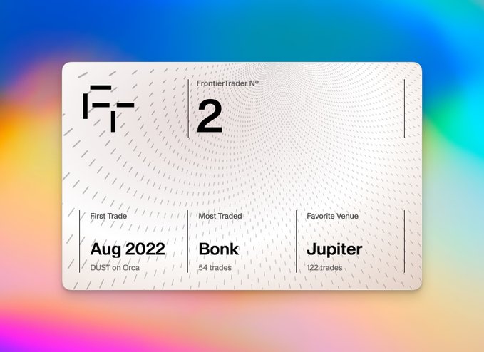 A stylized "FrontierTrader N°2" trading card against a colorful gradient background, displaying stats including a first trade of "DUST on Orca" in Aug 2022, a most traded token of "Bonk" with 54 trades, and a favorite venue of "Jupiter" with 122 trades—tying into the "Solana Cards" launch by highlighting on-chain Solana trading activity.