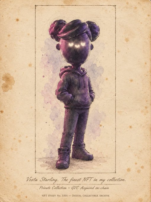 A vintage-style watercolor illustration of a purple-toned hooded figure with glowing eyes, captioned 'Vesta Starling. The finest NFT in my collection. Private Collection • GVC Acquired on-chain. NFT Study No. 5301 — Digital Collectible Archive.'