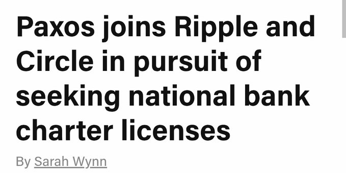 The image features text discussing the adoption of blockchain technology, specifically related to Paxos and Ripple. The title states "Adoption is accelerating! Paxos was just granted as the first major blockchain clearing infrastrucrure provider." This indicates that there has been a recent approval or success in the adoption of these particular blockchain platforms. Additionally, another post mentions "seeking national bank charter licenses," suggesting that both Paxos and Ripple have made an effort to work with existing banking institutions on this matter. The focus of the image is primarily on the technological advancements and their impact on the financial industry.