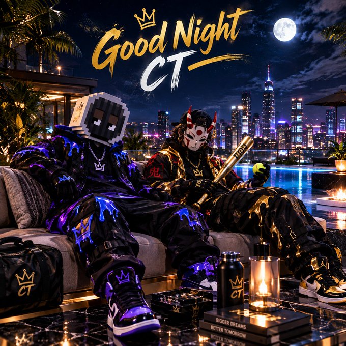 A digital illustration of two figures wearing streetwear and masks (one with a pixelated block head, the other a Japanese oni mask) lounging by a pool at night, with the text 'Good Night CT' above them.