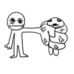 A simple black and white meme drawing of a stick figure with a neutral expression punching or holding a distressed creature.