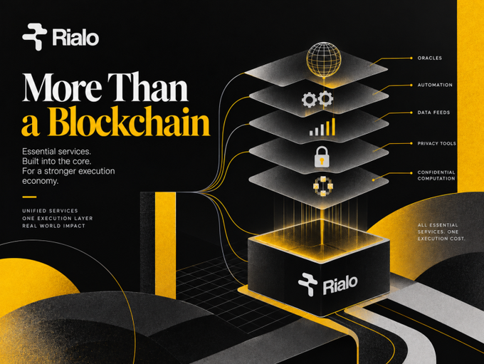 A promotional banner for Rialo reading 'More Than a Blockchain', highlighting unified services and execution layer features including oracles, automation, data feeds, privacy tools, and confidential computation.