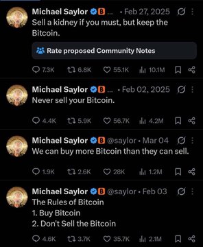 The image shows a Twitter feed with four posts related to Bitcoin. The first post is from Michael Saylor, who has tweeted about selling his kidney if you must keep the Bitcoin. The second post is from @Strategy, which contains information about buying Bitcoin on-chain and depositing it into Coinbase Prime. The third post is from @Polymarket, discussing the odds of MicroStrategy selling Bitcoin before Dec. 31, 2026. Finally, there's a post by @ intel.arkm.com/explorer/entit ..." Evidence: intel.arkm.com/explorer/entit ... Meanwhile, on @Polymarket odds that MicroStrategy sells BTC before Dec. 31, 2026". Focus on the content of each post and how they are connected to the overall discussion about Bitcoin.