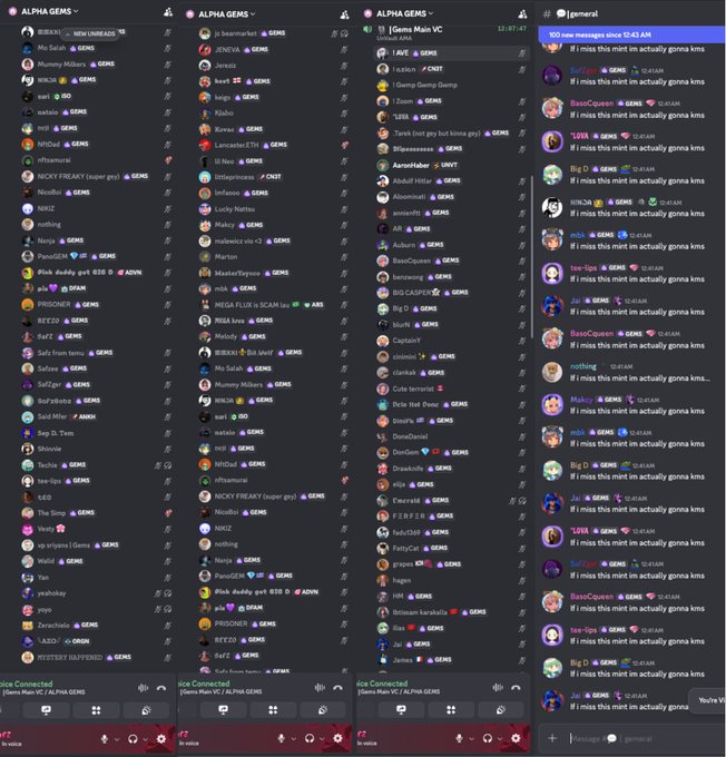 Screenshots show multiple Discord server channels including 'ALPHA GEMS' and 'Game Main VC' with numerous users online and a chat in which members repeatedly type 'if i miss this mint im actually gonna kms.'
