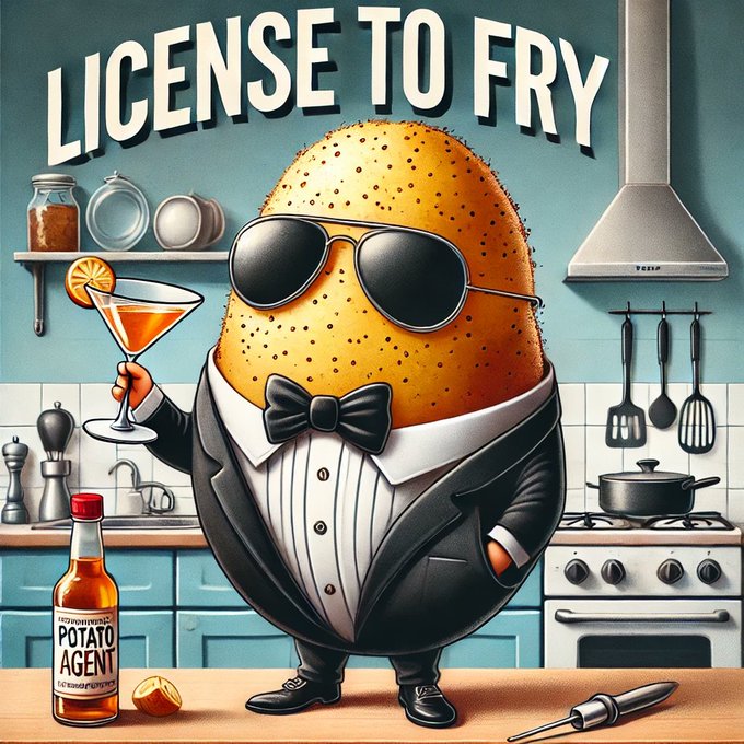 The image shows a cartoon potato dressed as James Bond in a tuxedo and sunglasses, holding a martini glass in a kitchen setting, with the text "LICENSE TO FRY" above and a bottle labeled "POTATO AGENT" beside it. This playful visual pun ties into the Abstract Potato ($STRCH) brand identity, parodying the iconic "License to Kill" while celebrating the developer behind the Starch ecosystem on Cardano.