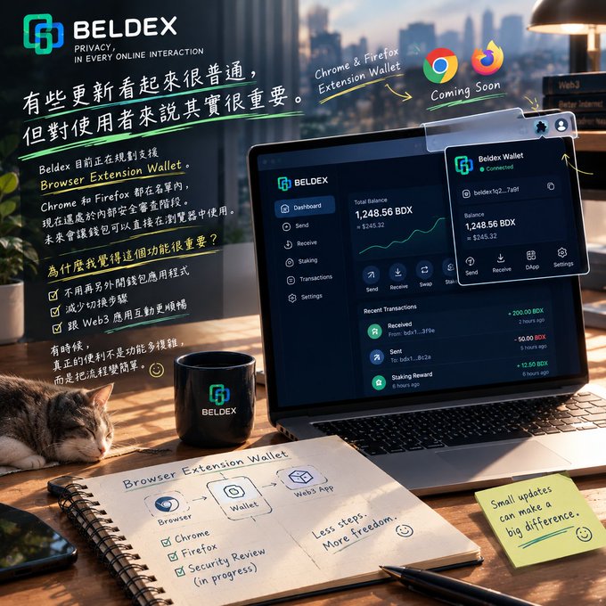 A promotional graphic for Beldex features a laptop displaying the Browser Extension Wallet interface with a balance of '1,248.56 BDX', alongside a notebook, cat, and coffee mug, with text including 'Chrome & Firefox Extension Wallet Coming Soon' and 'Browser Extension Wallet'.