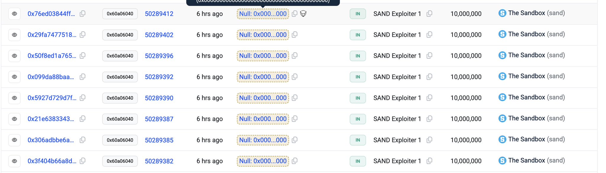Blockchain transaction log showing multiple 10,000,000 SAND token transfers from "SAND Exploiter 1" to null addresses on The Sandbox network.