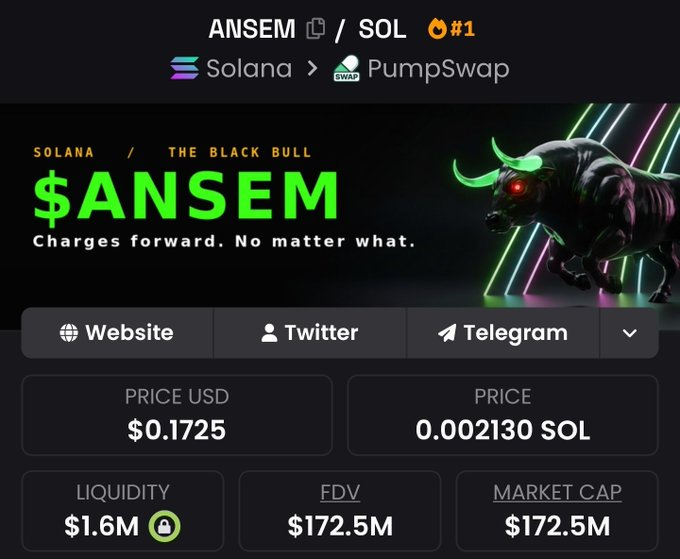 A PumpSwap token page for $ANSEM on Solana, labeled 'THE BLACK BULL' with the tagline 'Charges forward. No matter what,' showing a price of $0.1725, $1.6M liquidity, $172.5M FDV and market cap.