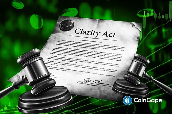 A document titled "Clarity Act" is centered between two judicial gavels against a green background featuring financial chart elements, visually representing the legislative and regulatory nature of the crypto market structure bill referenced in the post about the White House's SEC and CFTC nominee requests and Senator Lummis's defense of the act.