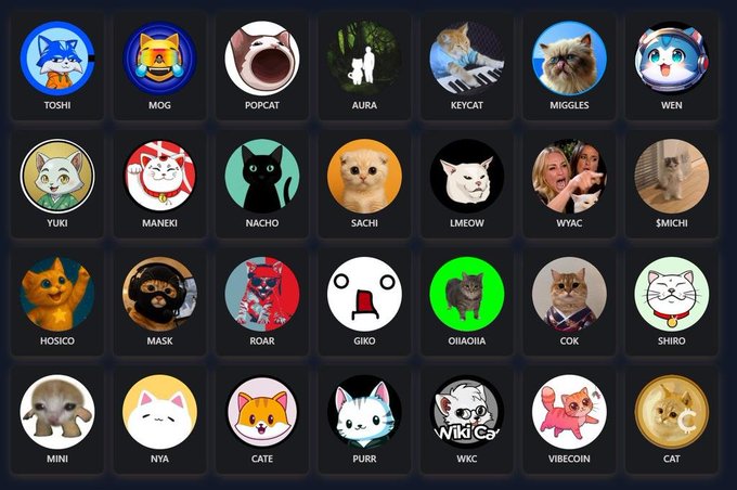 A grid of 28 circular meme coin icons featuring various cat-themed mascots with names like TOSHI, POPCAT, MOG, MANEKI, CAT, and CAT, representing different cat-themed cryptocurrencies. The image ties into the "one cat, one pick" prompt by presenting an array of cat meme coin options for viewers to choose their favorite from.