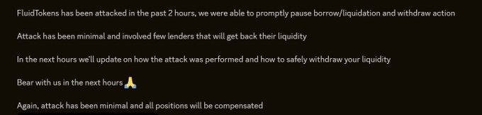 An announcement from FluidTokens reporting a recent security breach that was quickly contained, noting the attack was minimal and only affected a few lenders who will be refunded, with all positions set to be compensated. The accompanying context emphasizes the team halted the attack overnight before any loans or collateral were impacted, warning users to ignore suspicious direct messages or links.