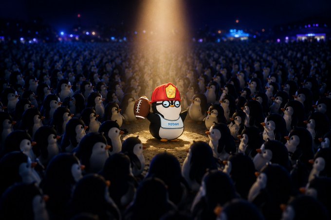 A penguin mascot wearing a red firefighter helmet and holding a football stands under a spotlight surrounded by a massive crowd of penguin figures at night, with a 'POGCH' logo visible.