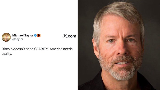 The image shows a side-by-side composition featuring a tweet from Michael Saylor (@saylor) on the left that reads "Bitcoin doesn't need CLARITY. America needs clarity," paired with a professional headshot of the gray-haired, bearded MicroStrategy executive on the right. The visual reinforces Saylor's message about regulatory clarity by putting his face alongside his advocacy for clearer U.S. cryptocurrency legislation.