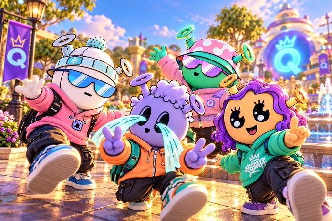 A colorful illustration features four cartoonish characters with halos in a vibrant theme park setting, wearing streetwear and making peace signs.