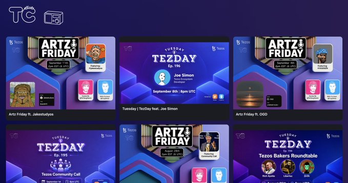 A grid of six Tezos community event thumbnails featuring 'ARTZ FRIDAY,' 'TEZDAY Ep. 196' with Joe Simon, 'ARTZ FRIDAY ft. ODD,' 'TEZDAY Ep. 195' Tezos Community Call, 'ARTZ FRIDAY' featuring Emmanuel Carr, and 'TEZDAY Ep. 194' Tezos Bakers Roundtable.