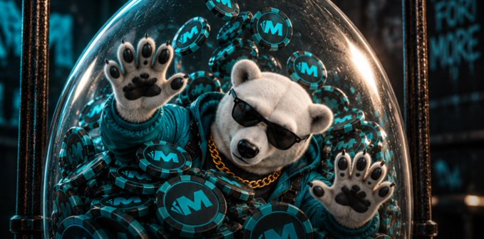 An animated polar bear wearing sunglasses and a gold chain is trapped inside a glass dome, surrounded by blue 'M' tokens (likely Monopoly Money or a meme coin), with a 'FOR MORE' sign in the background.