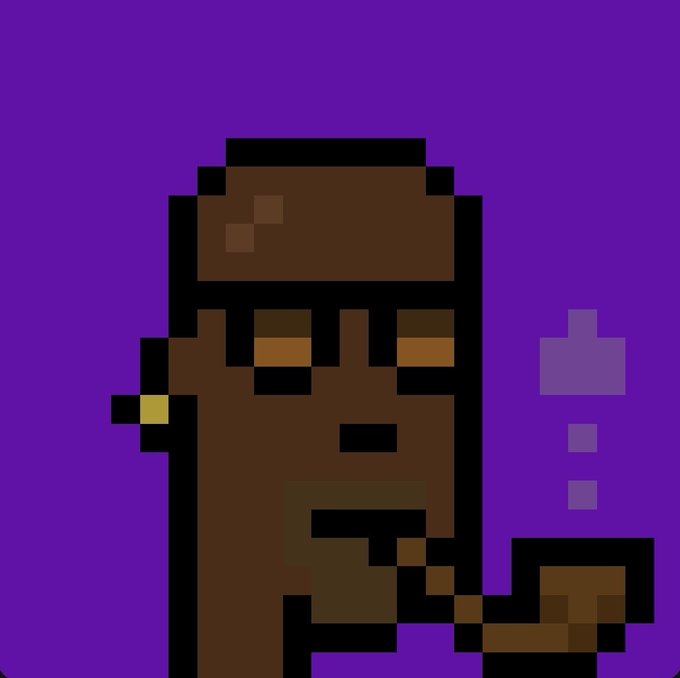 A pixel art character with brown skin wearing a dark helmet, set against a purple background with gray geometric shapes.