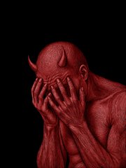A red-skinned demonic figure with small horns covers its face with both hands against a stark black background.