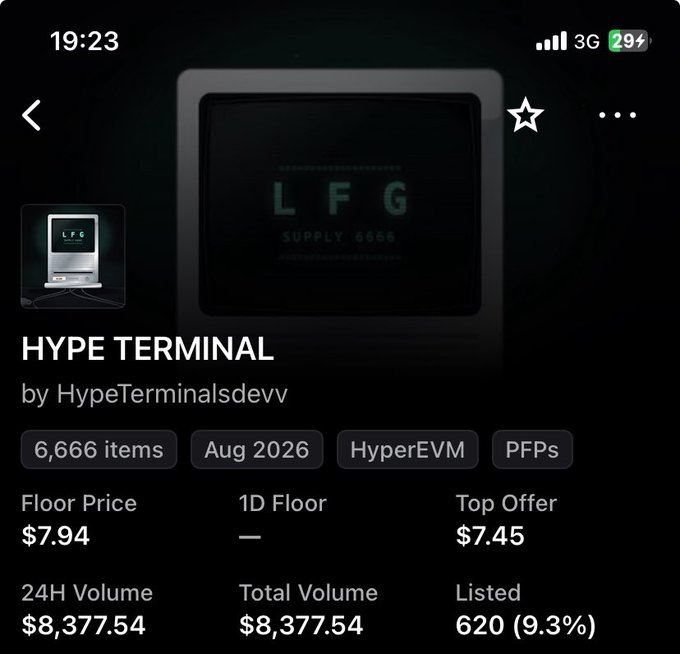 A mobile screenshot of an NFT marketplace listing for "HYPE TERMINAL" by HypeTerminalsdevv, showing 6,666 items, a floor price of $7.94, 24H volume of $8,377.54, and 620 listed (9.3%).