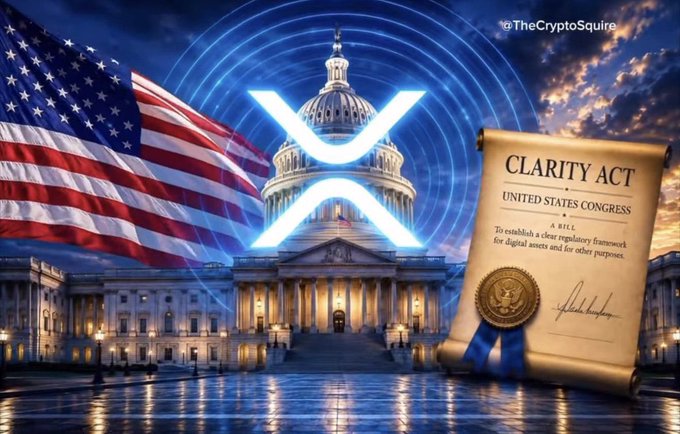 The image shows the U.S. Capitol building with an American flag, a glowing XRP logo overlaid, and a scroll titled "CLARITY ACT - UNITED STATES CONGRESS," visually linking XRP to the upcoming Senate vote on crypto regulatory legislation that could unlock $30 billion in market capital.