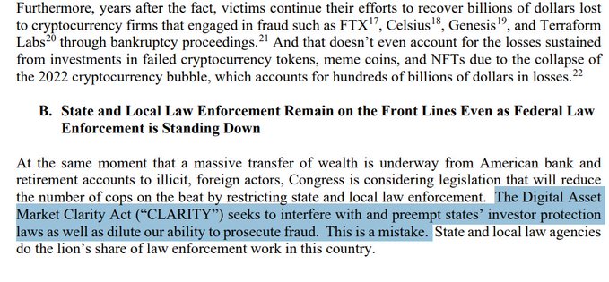 A document excerpt highlighting concerns about the Digital Asset Market Clarity Act ("CLARITY"), arguing it would preempt state and local law enforcement's ability to prosecute crypto fraud, referencing firms like FTX, Celsius, Genesis, and Terrform Labs, and losses from the 2022 cryptocurrency bubble collapse.