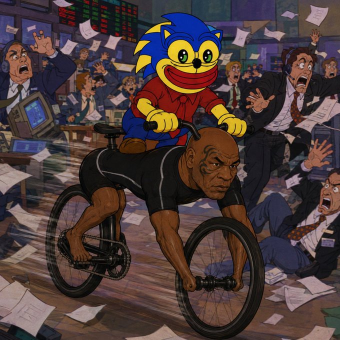 A cartoon Sonic the Hedgehog rides on the back of Mike Tyson's hunched body as he pedals a bicycle through a chaotic trading floor, evoking the "I'm going to speedrun this" meme format to humorously depict Tyson pedaling rapidly toward a $20 million price target while panicked stockbrokers scatter papers and react in shock.