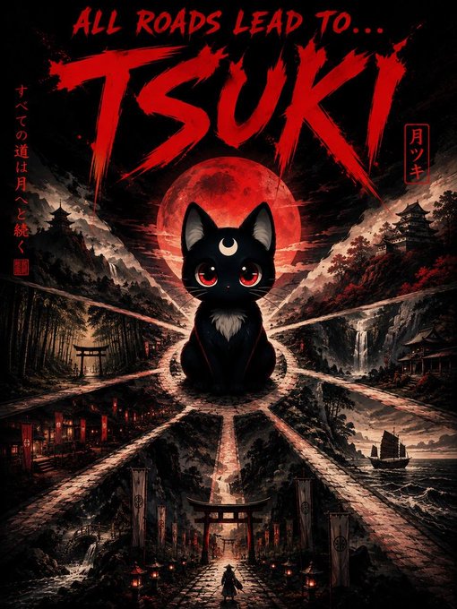 An anime-style poster titled 'TSUKI' with the text 'ALL ROADS LEAD TO...' features a black cat with a crescent moon on its forehead sitting before a large red moon, surrounded by converging paths showing Japanese shrines, forests, and a figure walking through a torii gate.