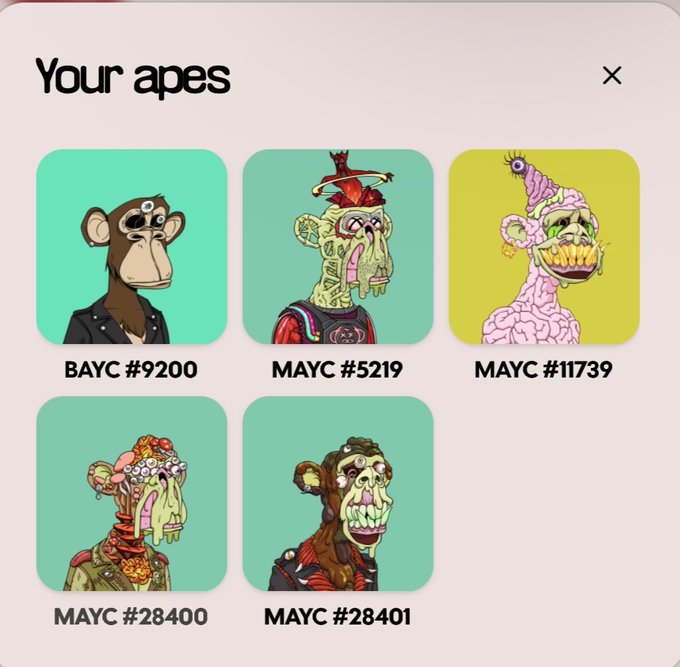 A digital interface titled "Your apes" displays a collection of five Bored Ape-style NFTs, including BAYC #9200 and four MAYC entries (#5219, #11739, #28400, #28401).