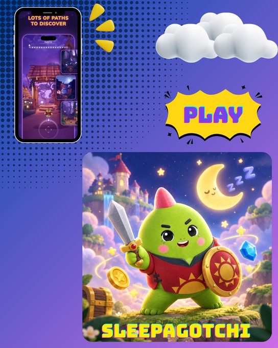 Promotional graphic for a mobile game called "SLEEPAGOTCHI" featuring a green creature warrior with a sword and shield under a crescent moon, alongside a "PLAY" button and a phone mockup showing "LOTS OF PATHS TO DISCOVER."