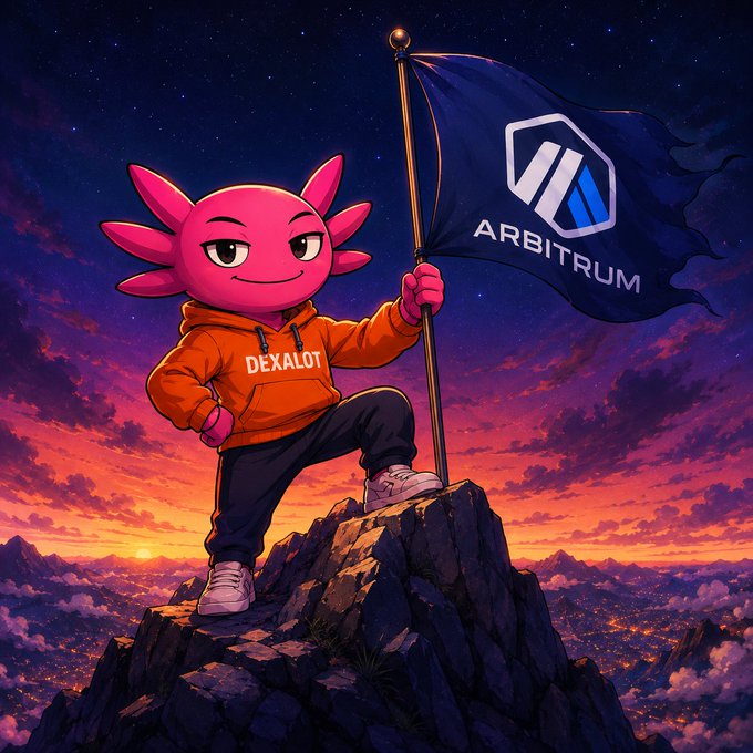The image features a cartoon character standing on top of a mountain holding a flag that says "Arbitrum" written in white letters. The character appears to be wearing an orange hoodie, black pants, and white shoes. The background of the image is a beautiful sunset with clouds and mountains visible.