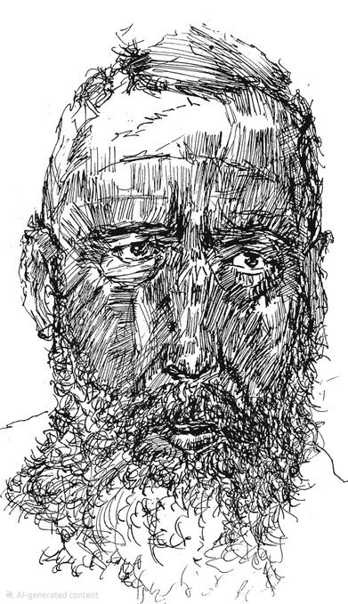 A black and white ink sketch portrait of a bearded man with intense eyes, drawn with intricate crosshatching and scribbled lines, showcasing the artistic style referenced in the post.