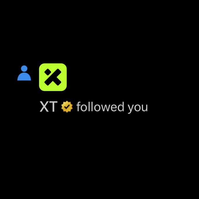 A notification screen on a black background showing the XT exchange logo with a verified badge, indicating "XT followed you".