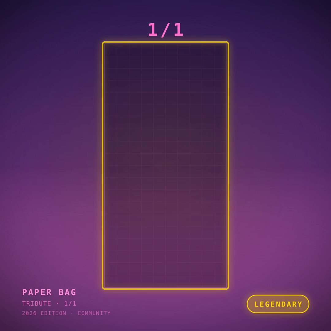 The image features a purple background with a white square frame that has a blank space in the center, surrounded by neon yellow lines. The text "Paper Bag" is written above the frame, and there are two numbers 1/1 on either side of the frame. The caption below the image reads "22nd Edition: Legacy".