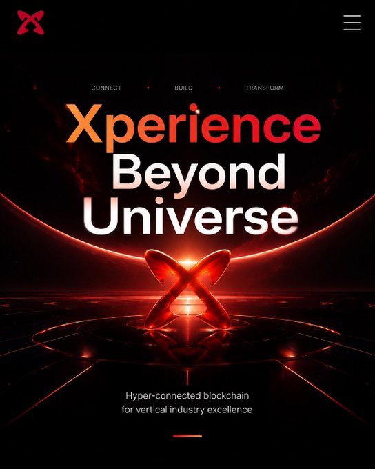The image is a promotional graphic for Xphere featuring the headline "Xperience Beyond Universe" with the tagline "Hyper-connected blockchain for vertical industry excellence," and showcases a glowing red "X" logo alongside the words "Connect, Build, Transform."

It visually reinforces the post's focus on Xphere's dual-chain architecture by presenting the project as a forward-looking, high-performance blockchain platform designed to support builders with speed and scalability.