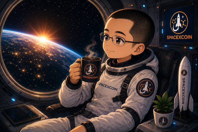 An anime-style illustration of a person in a SPACEXCOIN spacesuit holding a mug, sitting in front of an Earth view with a SpaceXcoin rocket and logo visible.