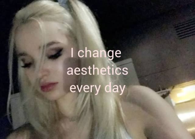 A selfie of a blonde woman with the overlaid text "I change aesthetics every day."