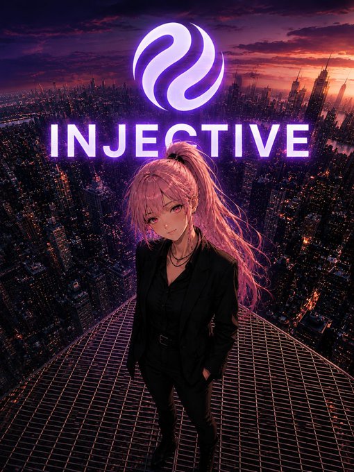 Anime-style promotional artwork for "INJECTIVE" featuring a pink-haired character in a black suit standing on a rooftop with a neon purple logo and city skyline at sunset.