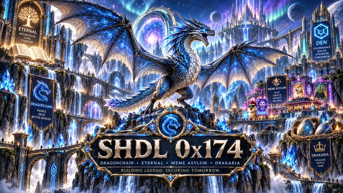 A fantasy-themed promotional graphic for '$HDL 0x174' featuring a large blue dragon, magical castles, and glowing crystals, with text reading 'DRAGONCHAIN · ETERNAL · MEME ASYLUM · DRAKARIA' and 'BUILDING LEGEND, SECURING TOMORROW.'